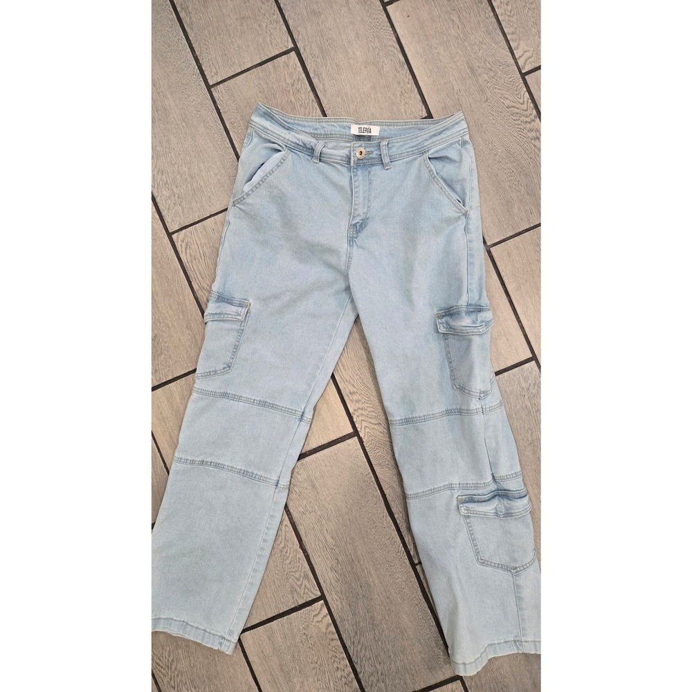 Telepatia Womens Light Wash Cargo Jeans Straight Leg Utility Denim Size 13/31